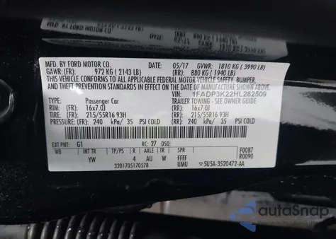 2017 Ford Focus Se z USA, uszkodzony, nr VIN 1FADP3K22HL282509
